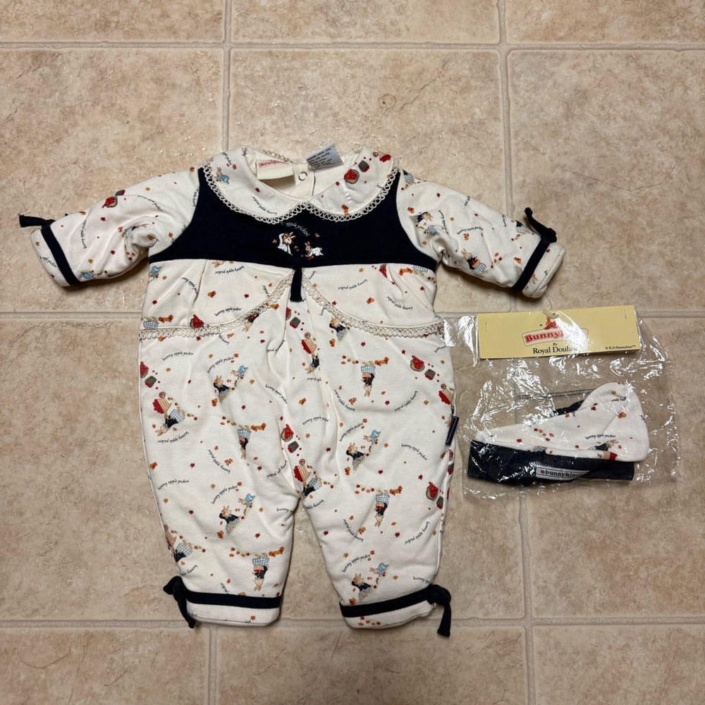 Vintage Bunnykins Baby 0-3 Months Bunny White Blue Romper Hat Set Outfit NWT
